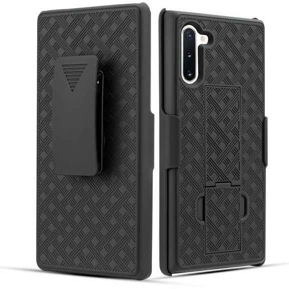 ~Value Pack~ for Samsung Galaxy Note 10  ONLY +Temper Glass Case Phone Case Belt Clip Holster Double Kickstands Hybrid Shock Armor Bumper Cover (Black)
