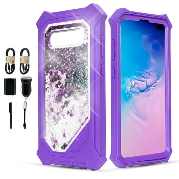 Value Pack ! for Samsung Galaxy S10 Plus HD Glass and Full Protection Hard TPU Liquid Glitter Bling Sparkling Cute Woman Girl Case Phone Case PU Shock Bumper Scratch Guard Skin Wrap Slim Cover