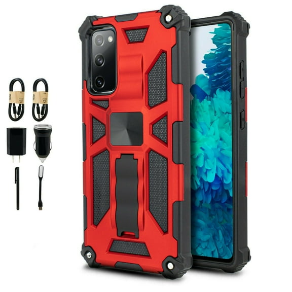 Value Pack + for Samsung Galaxy S20 FE (NOT FIT S20) with Tempered Glass Hybrid Phone Case Magnet Mount Ready Grip Grids Kickstand Slim Shock Bumper Cover