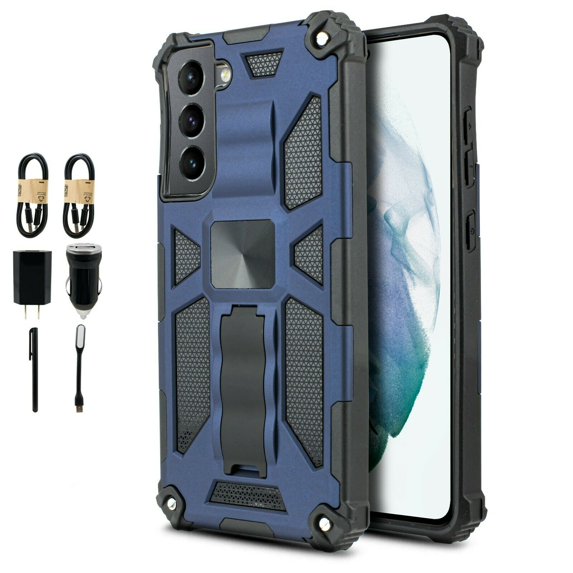 Value Pack + for Samsung S21 FE (NOT FIT S21) with Tempered Glass Phone Case Hybrid Phone Case Magnetic Mount Ready Grip Grids Kickstand Slim Shock Bumper Cover