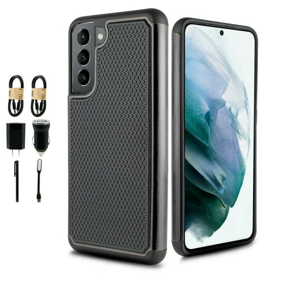 Value Pack and Samsung Galaxy S21 FE with Temper Glass Phone Case Shock Proof Edges Hybrid Hard Back Slim Bumper Cover