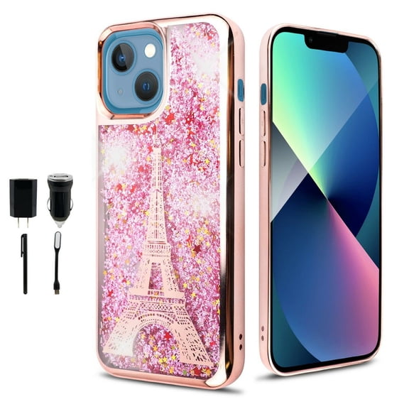 Value Pack and iPhone 13 6.1 inch Liquid Glitter Phone Case Shock Proof Edges Hybrid Hard Back Slim Bumper Cover