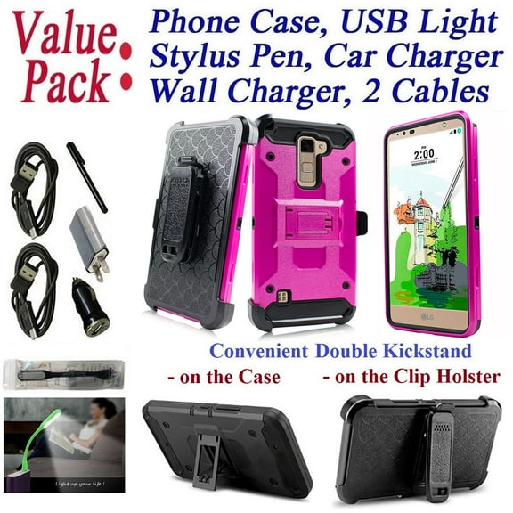 Value Pack + for 5.7" LG Stylo 2 Stylus 2 +PLUS 2V Case Holster Phone Case Belt Clip 2 Kickstands Hybrid Armor Rugged Shock Bumper Cover Pink