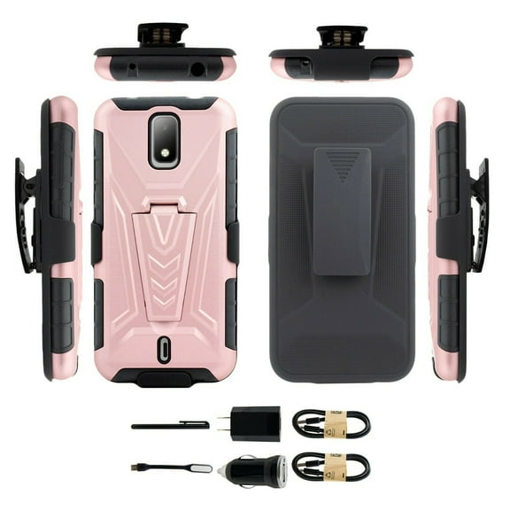 Value Pack ! for AT&T Calypso 2 Cricket Debut 4G Phone Case 360° Cover Clip Kickstand Holster Hybrid Shock Bumper with Tempered Glass