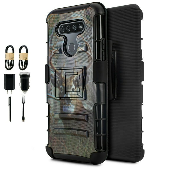 Value Pack ! for LG K51 Q51 with Tempered Glass Phone Case Rugged Cover Screen Protector Clip Kickstand Holster Hybrid Shock Bumper (Deer)