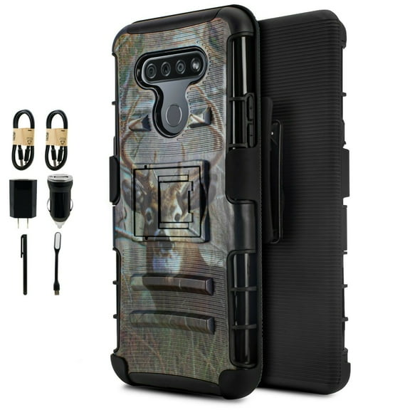 Value Pack ! for LG K51 Q51 with Tempered Glass Phone Case Rugged Cover Screen Protector Clip Kickstand Holster Hybrid Shock Bumper (Deer)