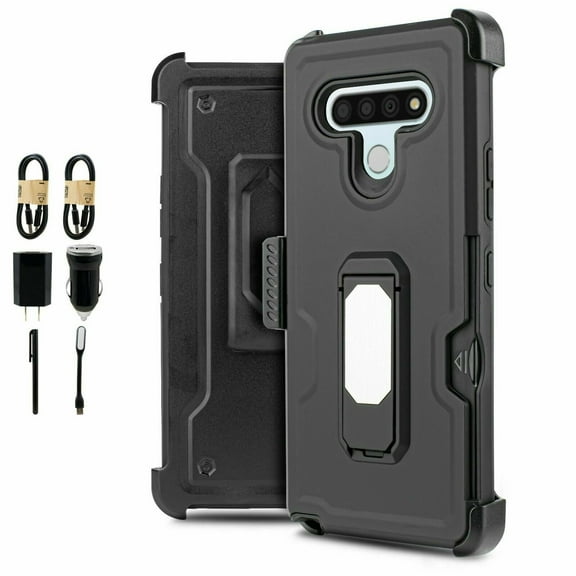 Value Pack ! for LG Stylo 6 with Tempered Glass Phone Case Rugged Cover Screen Protector Clip Kickstand Holster Hybrid Shock Bumper (Black)