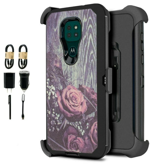 Value Pack ! for Moto G9 PLAY Phone Case 360° Cover Clip Kickstand Holster Hybrid Shock Bumper (Vintage Rose)