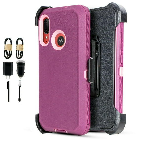 Value Pack ! for Motorola Moto E6 PLUS case Phone Case 360° Cover Built In Screen Protector Clip Kickstand Holster Hybrid Shock Bumper (Purple)