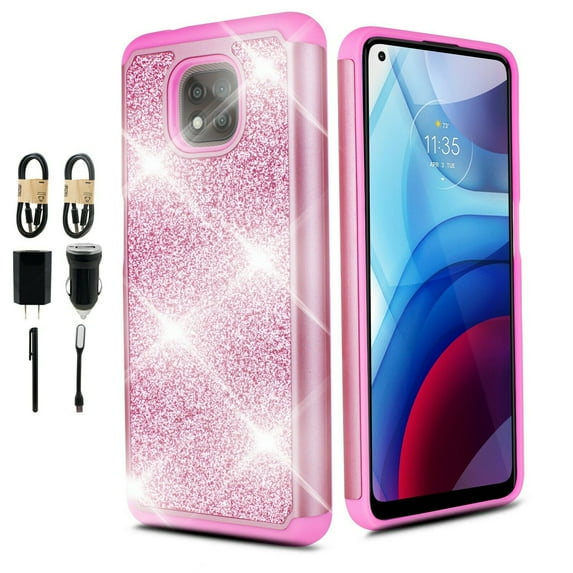 Value Pack + for Motorola Moto G Play 2021 with Temper Glass Hard Case Hybrid Cell Phone Glitter Shock proof Edge Slim Bumper Scratch Cover