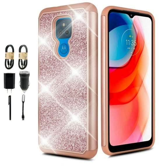 Value Pack + for Motorola Moto G Play 2021 with Temper Glass Hard Case Hybrid Cell Phone Glitter Shock proof Edge Slim Bumper Scratch Cover