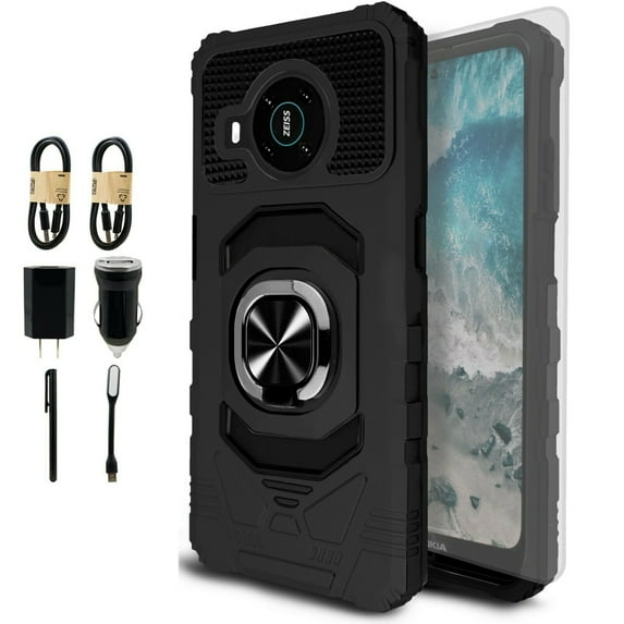 Value Pack + for Nokia X100 X 100 Ring Hybrid Phone Case Magnet Mount Ready Grip Grids Kickstand Slim Shock Bumper Cover with Tempered Glass