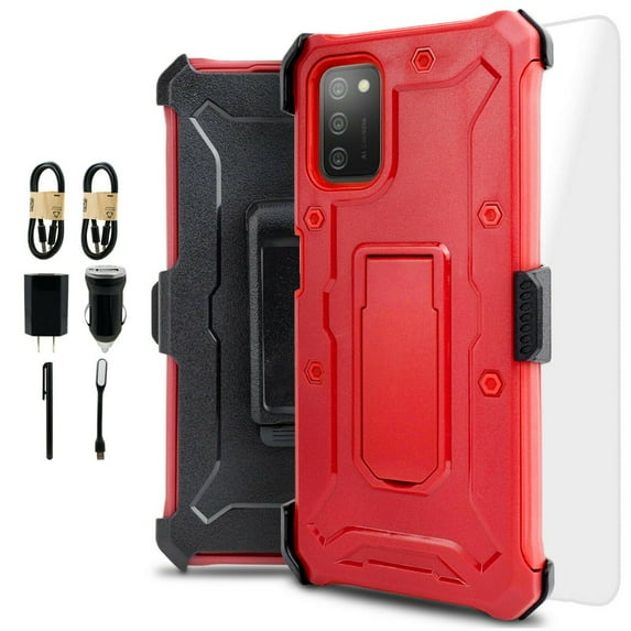 Value Pack ! for Samsung Galaxy A02S (NOT FIT SAMSUNG A02) Phone Case Cover Clip Kickstand Holster Hybrid Shock Bumper with Tempered Glass