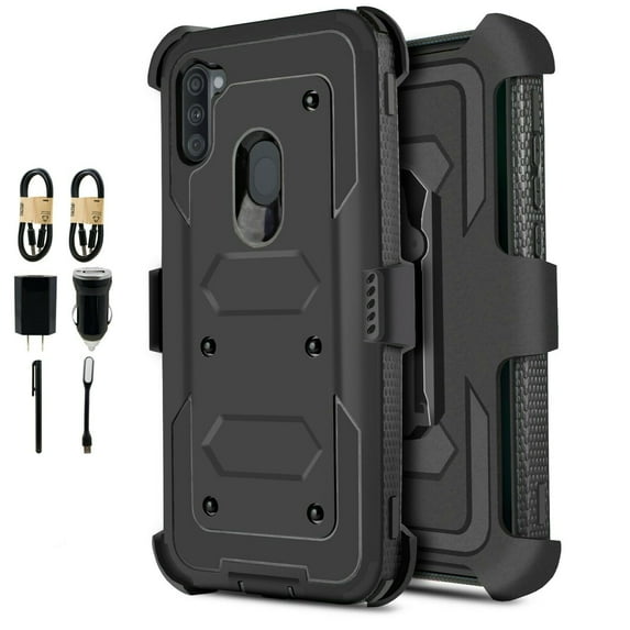 Value Pack ! for Samsung Galaxy A11 Phone Case 360° Cover Screen Protector Clip Kickstand Holster Hybrid Shock Bumper (Black)