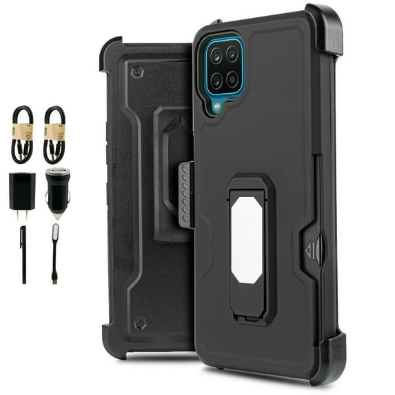 Value Pack ! for Samsung Galaxy A12 5G Magnetic Card Slot Belt Clip Phone Case 360° Cover Kickstand Holster Hybrid Shock Bumper with Tempered Glass