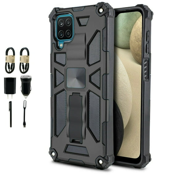 Value Pack + for Samsung Galaxy A12 5G with Tempered Case Hybrid Phone Case Magnet Mount Ready Grip Grids Kickstand Slim Shock Bumper Cover
