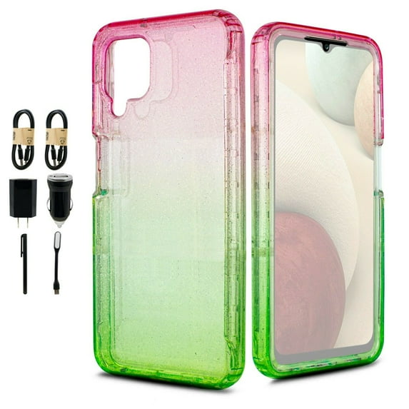 Value Pack ! for Samsung Galaxy A12 Glitter Bling Full Body Built In Screen Protector Phone Case PU Shock Bumper Scratch Guard Skin Wrap Slim Cover