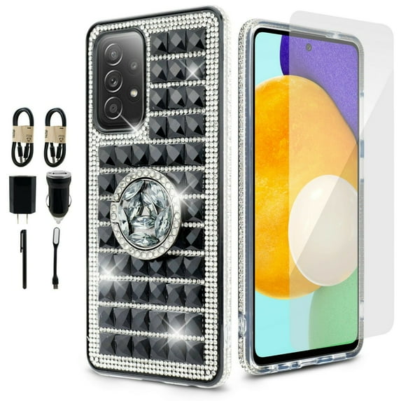 Value Pack + for Samsung Galaxy A32 5G with Tempered Glass Hybrid Phone Case Grip Grids Kickstand Slim Shock Bumper Cover