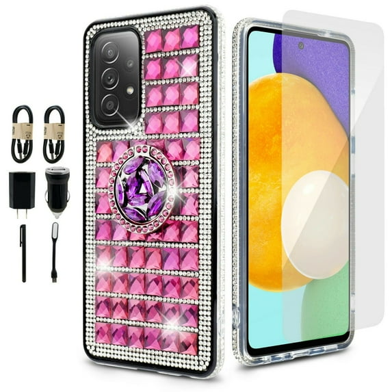 Value Pack + for Samsung Galaxy A32 5G with Tempered Glass Hybrid Phone Case Grip Grids Kickstand Slim Shock Bumper Cover
