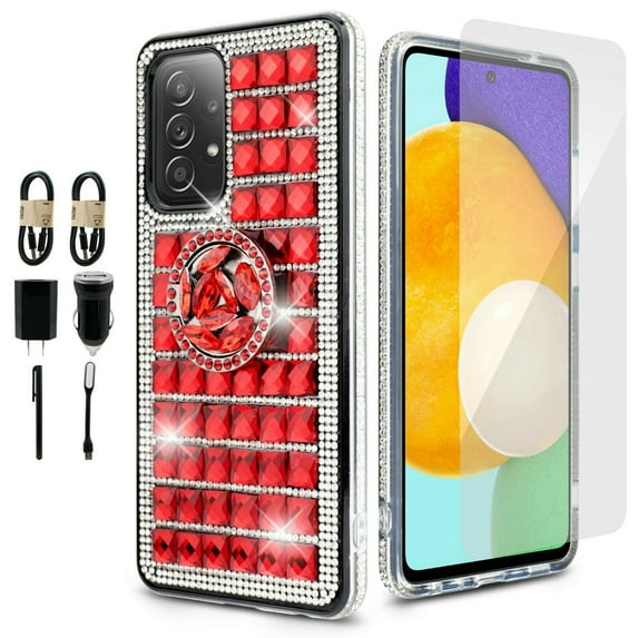 Value Pack + for Samsung Galaxy A32 5G with Tempered Glass Hybrid Phone Case Grip Grids Kickstand Slim Shock Bumper Cover