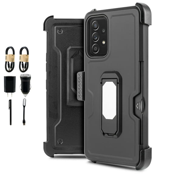 Value Pack ! for Samsung Galaxy A72 5G Card Slot Magnetic Phone Case 360° Cover Clip Kickstand Holster Hybrid Shock Bumper with Tempered Glass
