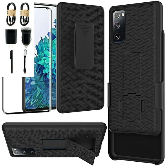 Value Pack ! for Samsung Galaxy S20 FE 4G 5G with Temper Glass Phone Case 360° Cover Clip Kickstand Holster Hybrid Shock Bumper (Black)