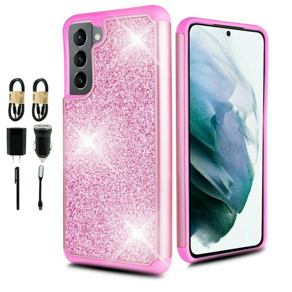 Value Pack + for Samsung Galaxy S21 FE Hard Case Hybrid Cell Phone Case Glitter Shock proof Edge Slim Bumper Scratch Cover with Temper Glass