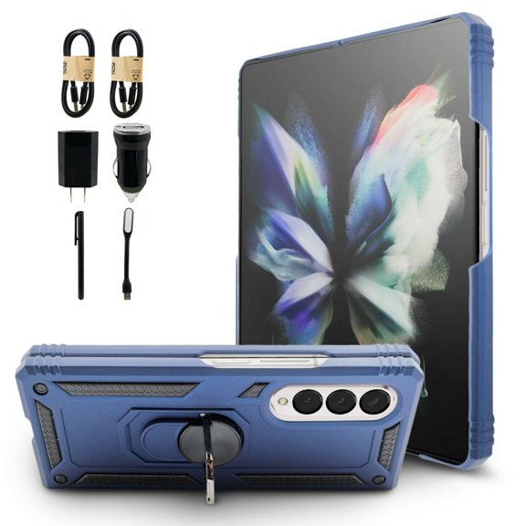 Value Pack + for Samsung Z Fold 3 5G Ring Hybrid Phone Case Magnet Mount Ready Grip Grids Kickstand Slim Shock Bumper Cover