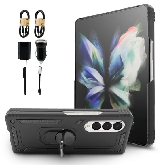 Value Pack + for Samsung Z Fold 3 5G Ring Hybrid Phone Case Magnet Mount Ready Grip Grids Kickstand Slim Shock Bumper Cover
