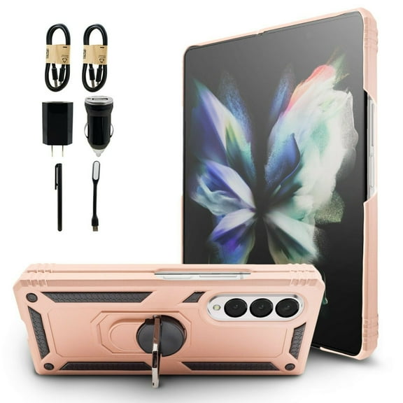 Value Pack + for Samsung Z Fold 3 5G Ring Hybrid Phone Case Magnet Mount Ready Grip Grids Kickstand Slim Shock Bumper Cover