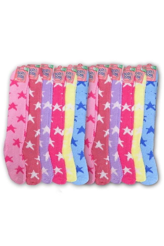 Value Pack of Knee High & Crew Length Colorful Thick, Soft, & Cozy Fuzzy Slipper Socks- Assorted Patterns (Stars 12 Pack)