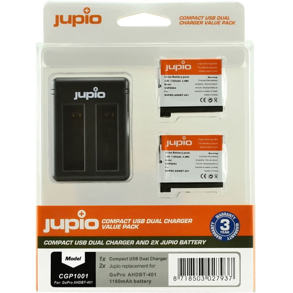 Jupio Value Pack with 2x AHDBT-401 3.8V 1160mAh Lithium-Ion Battery and Compact USB Dual Charger for GoPro HERO4