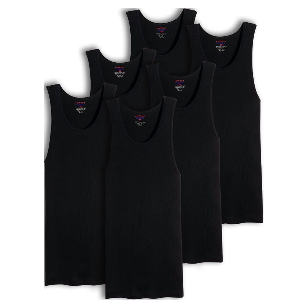 Famous Brand, Men's Black Ribbed 100% Cotton Tank Top A-Shirts, 6