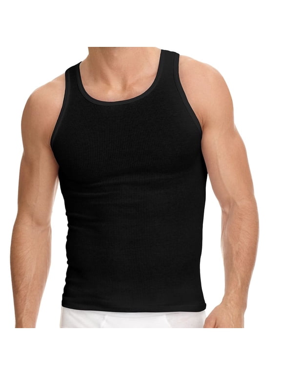 Value Packs of Men's Black & White Ribbed 100% Cotton Tank Top A Shirts Undershirt (M, 3 Pack Black)