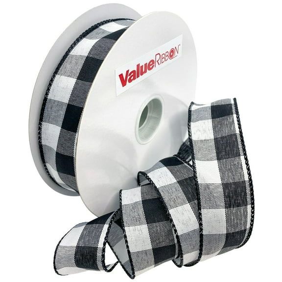 Value Ribbon Cambridge 1.5" X 25 YD Wired Buffalo Gingham Ribbon for Gift Wrapping and Crafts, Black and White Plaid