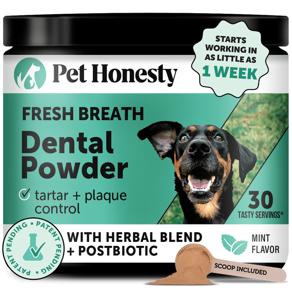 Pet Honesty Fresh Breath Dental Powder for Dogs for Teeth Cleaning Plaque Off, Dental Care for Dogs, Tartar Remover for Teeth with Natural Herbal Blend + Postbiotics (Mint - 30 Servings)