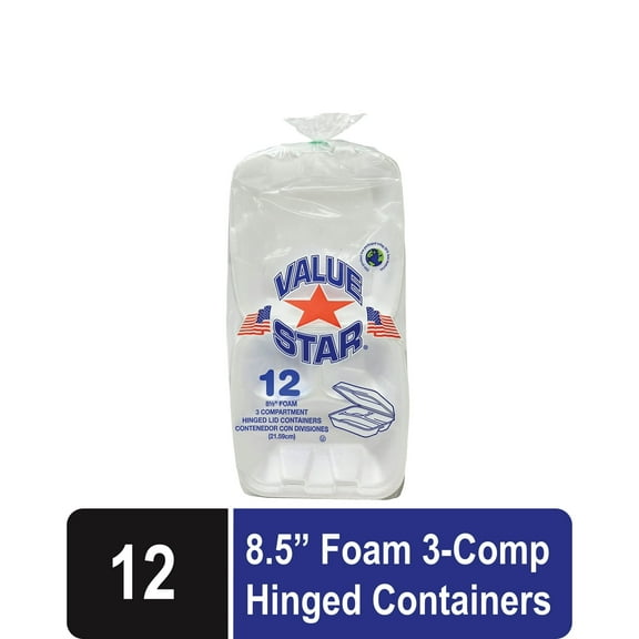 Value Star Foam 8.5-inch Foam 3 compartment Hinged Lid Trays