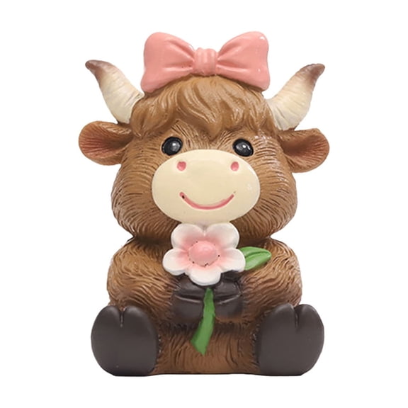 ValueAgain Cute Highland Cow Decor, 3 Inch Mini Resin Figures Cow Statue for Desk and Shelf Decor, Adorable Farmhouse Tiered Tray Accessory, Multiple Styles Available, Flower