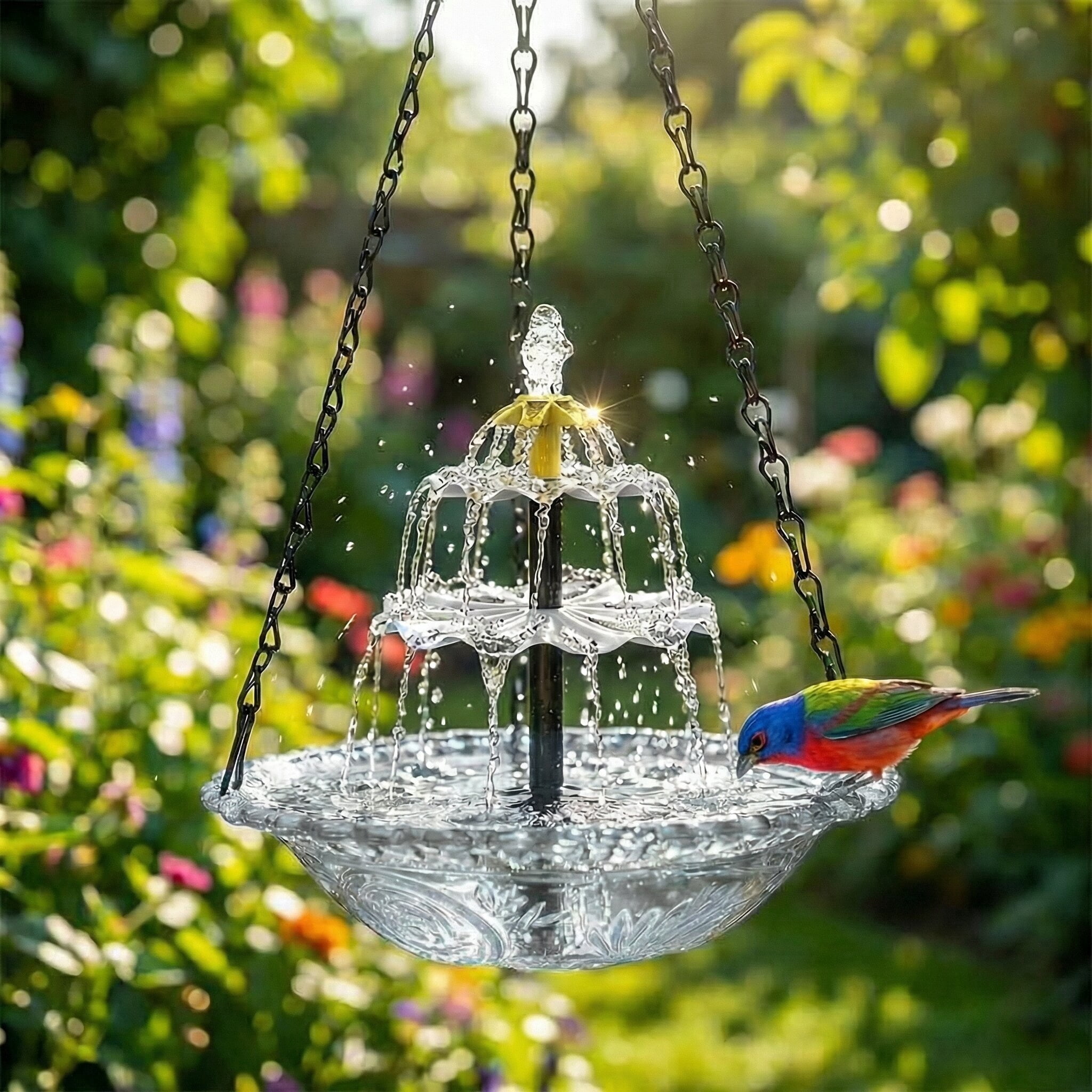 ValueAgain Solar Cascade Hanging Bird Bath Fountain, Outdoor Hanging Bird Bath with Solar Fountain, Large Humming Bird Baths are Suitable, with Solars Pump & Bowl,for Outdoor, Gardens, White