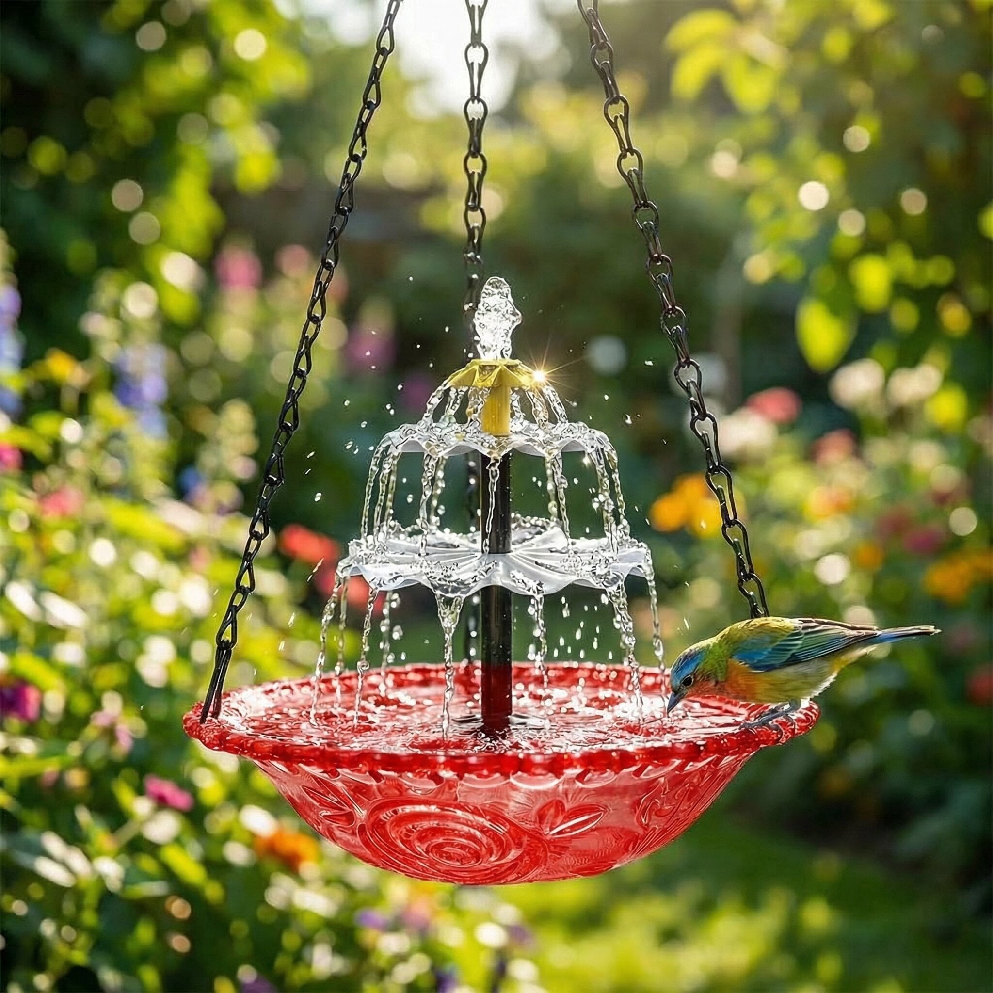 ValueAgain Solar Cascade Hanging Bird Bath Fountain, Outdoor Hanging Bird Bath with Solar Fountain, Large Humming Bird Baths are Suitable, with Solars Pump & Bowl,for Outdoor, Gardens, Red
