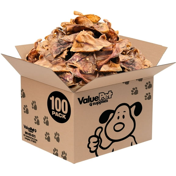 ValueBull Whole Pig Ears for Dogs, 100% Pork Chews, 100 Count Bulk Pack