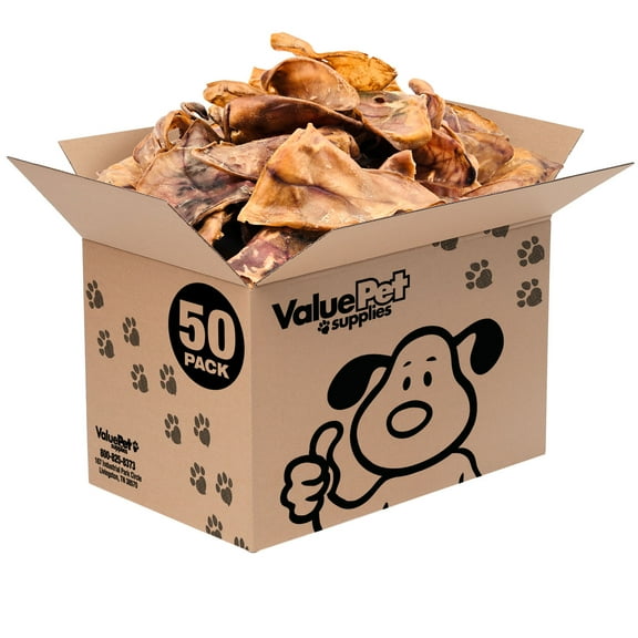 ValueBull Whole Pig Ears for Dogs, 100% Pork Chews, 50 Count Bulk Pack