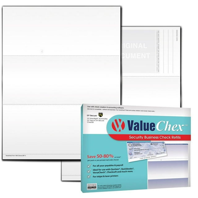 ValueChex UV Secure Check Paper Blank Check Stock Business Check On Top, Canvas, 55 Count 55