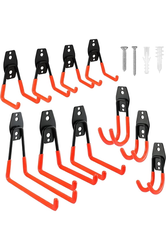 10 Pack Utility Garage Storage Hooks&Hangers, Wall Mount Hooks with Non-Slip Coating for Organizing Garden Tools, Bike, Ladders