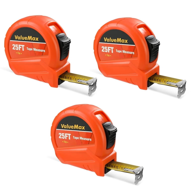 ValueMax 25ft Measuring Tape With Fractions 1/8, 3 Pack Retractable Easy Read, Imperial Measure With Metal Belt Clip For Construction Contractor Carpenter Woodworkin
