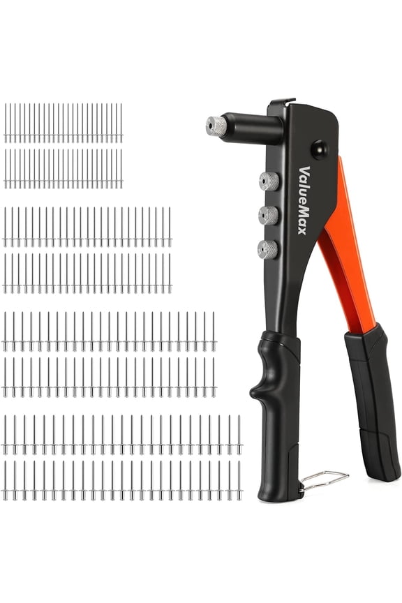 4-in-1 Hand Riveter/Rivet Gun, Pop Rivet Tool Kit with 200 Rivets - 3/32-inch, 1/8-inch, 5/32-inch, 3/16-inch, 4 Interchangeable Nosepieces, Suitable for Metal