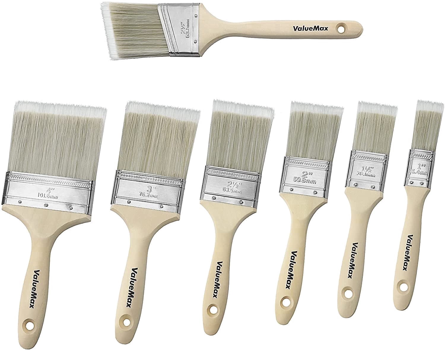 ValueMax 7PC Paint Brushes Set , Includes Flat/ Angled Paint Brushes, Small Paintbrush, Birch Wood Handle, Thick Bristle, DIY Paint Brush for Walls , Fences Doors , Furniture & Crafts , White