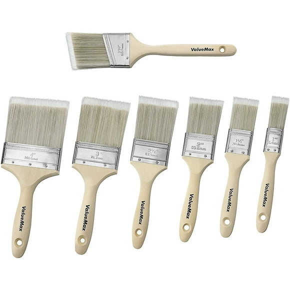 ValueMax 7PC Paint Brushes Set , Includes Flat/ Angled Paint Brushes, Small Paintbrush, Birch Wood Handle, Thick Bristle, DIY Paint Brush for Walls , Fences Doors , Furniture & Crafts , White