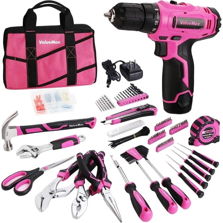 ValueMax 233-Piece Pink Home Tool Kit with Cordless Drill, Lithium-Ion Power Tools Set with Storage Bag, Ideal for DIY, Home Projects & Repairs