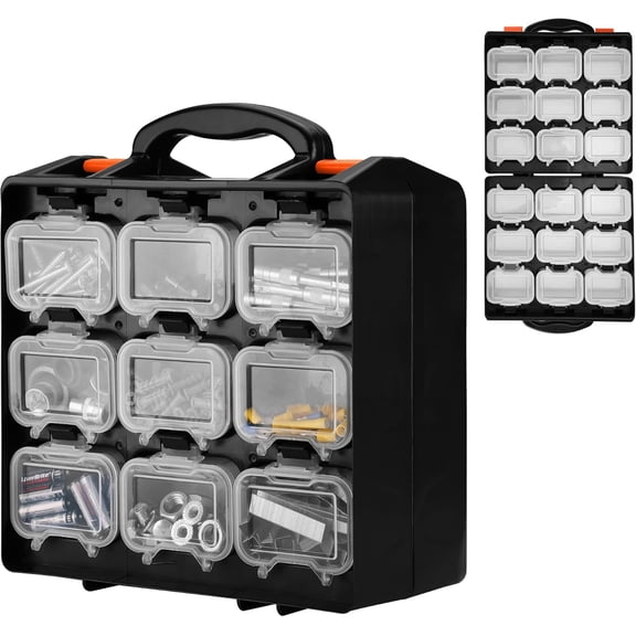 ValueMax Small Parts Organizer Box, Double-Sided Tool Box with 18 Removable Bins, Portable Screw & Storage Case for Nuts, Bolts, and Hardware